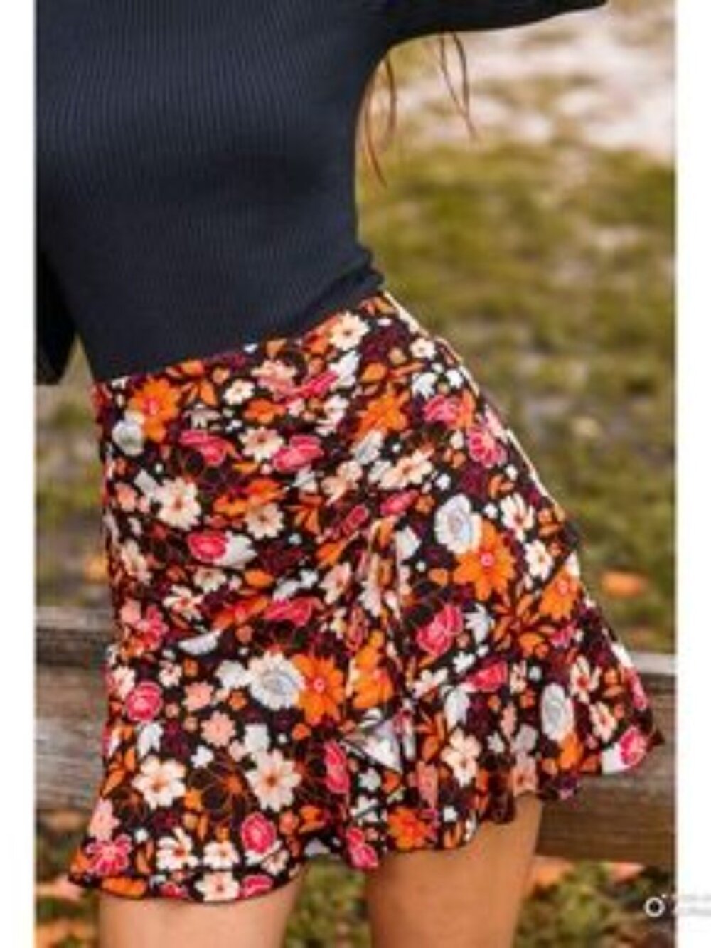 Cupshe Black Floral Wrap Skort with‎ Orange, Red & White Blossoms